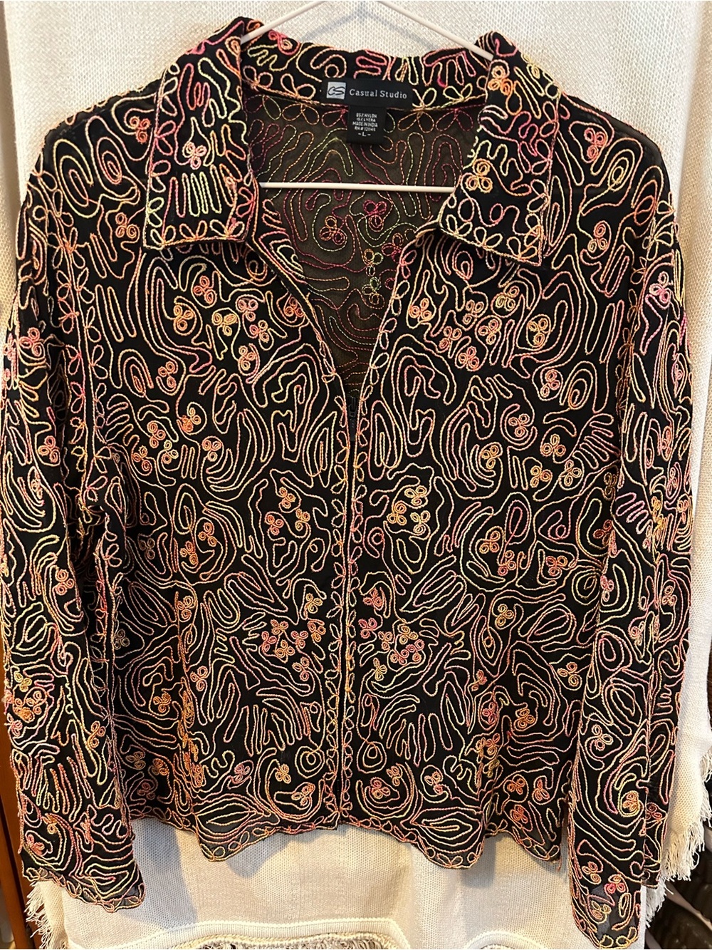 Vintage 80s Neon Embroidered Black Mesh Jacket 2-Way Zipper (Large)